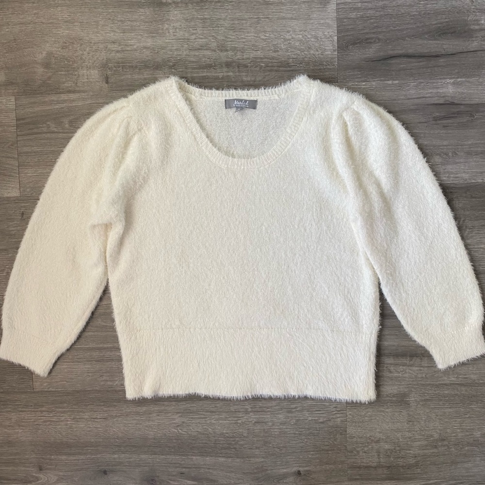 Marled Reunited White Fuzzy Puff Sleeve Sweater Extra Large